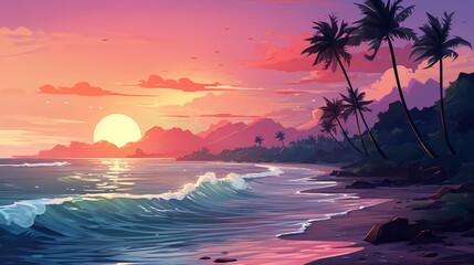 Serene coastal flat design side view summer tranquility theme water color Triadic color scheme