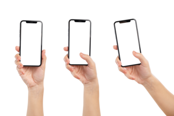 Hand holding the black smartphone with blank screen isolated on white background, clipping path.