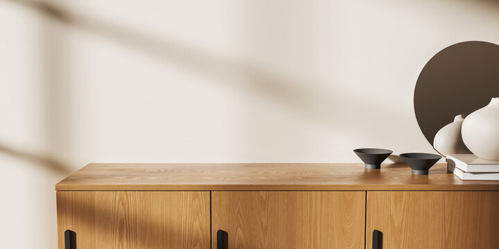 Beige home living room interior with empty space drawer with decoration