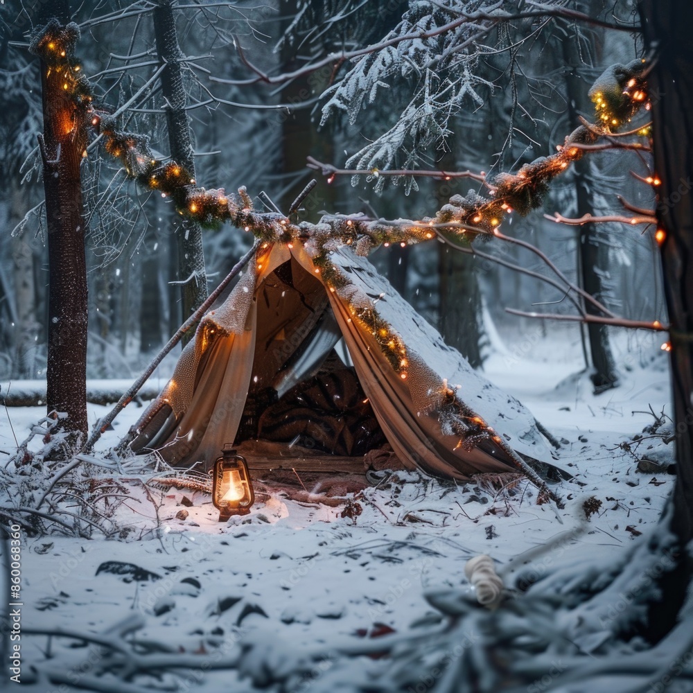 Canvas Prints A lone tent in the midst of a snowy forest scene, great for winter or outdoor activities