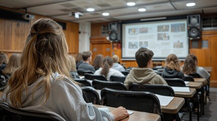 Fototapeta premium A group of students attentively engaged in watching a multimedia presentation inside a classroom, emphasizing the modern educational environment and interaction.