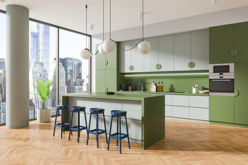 Green home kitchen interior with bar counter and seats, panoramic window