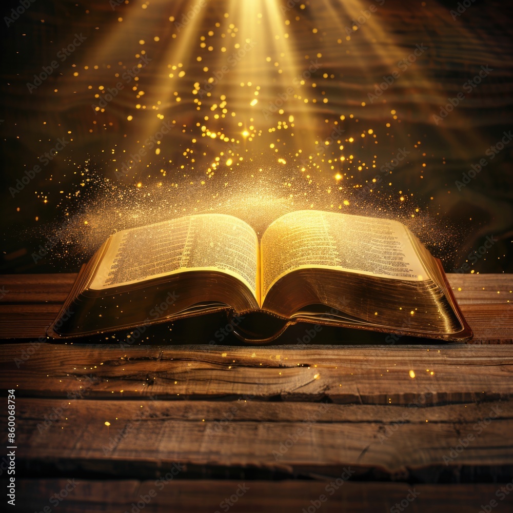 Aufkleber an open book sits on a wooden table illuminated by a beam of light
