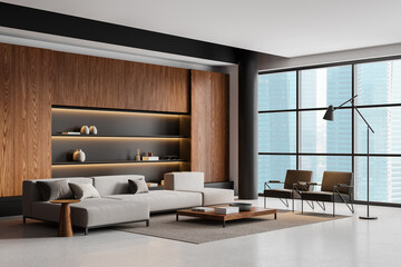 Office room interior with sofa and armchairs, shelf and panoramic window
