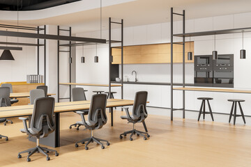 Fototapeta premium Cozy office interior with kitchen cabinet, coworking zone and bar island