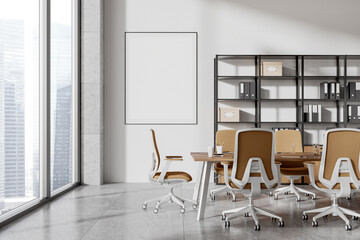 Office meeting room interior with table and chairs, window. Mock up frame