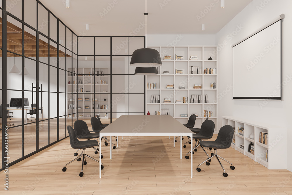 Wall mural Modern conference room with a large table, black chairs, shelves with books and a large screen, light background, concept of business meetings.  3D Rendering