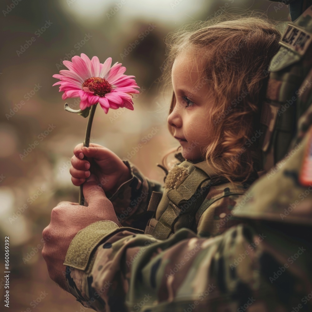 Poster A young girl holds a pink flower in her hands, smiling brightly