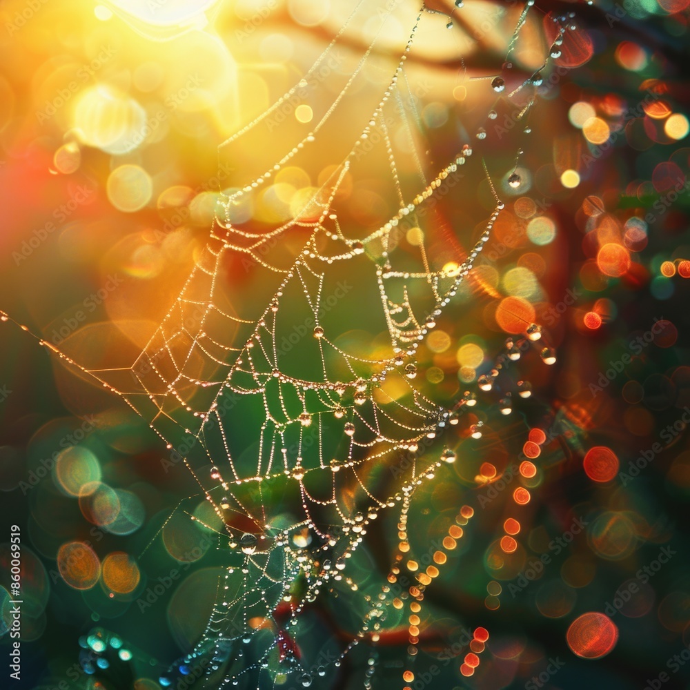 Poster a close-up shot of a spider web with water droplets glistening on the threads