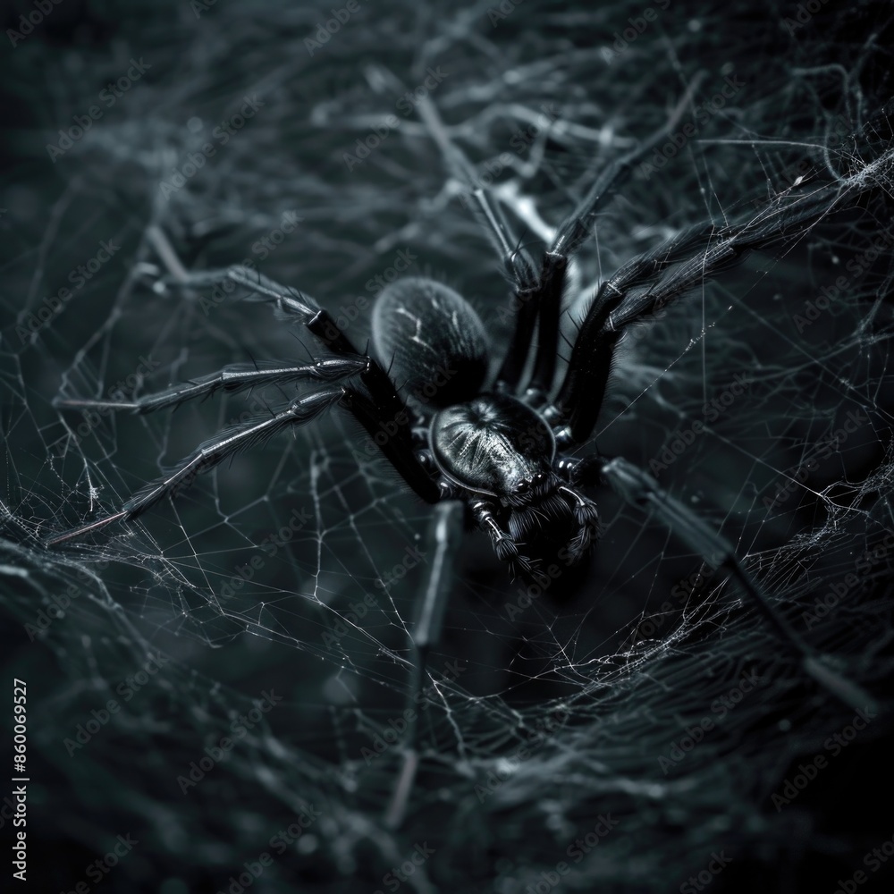 Poster a large spider sits on top of its intricate web, ready to catch prey