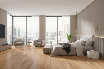 Modern bedroom with large windows showing city view, minimalistic design with wooden flooring, light and bright environment, concept of luxury living.  3D Rendering