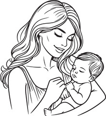 Unconditional Love: Mother & Child Outline. Vector Illustration 