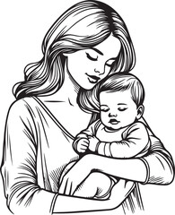 Unconditional Love: Mother & Child Outline. Vector Illustration 