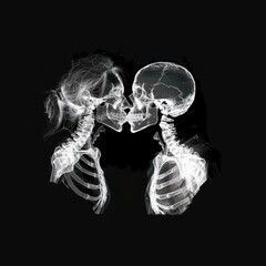 Two skeletons stand together, their bony frames illuminated by an unknown light