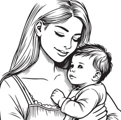 Unconditional Love: Mother & Child Outline. Vector Illustration 