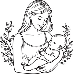 Unconditional Love: Mother & Child Outline. Vector Illustration 