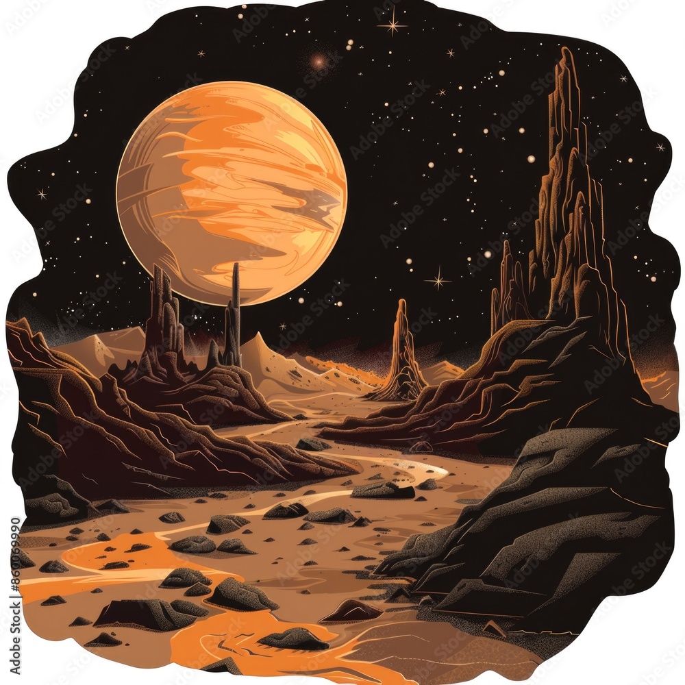 Poster a planet is situated in the middle of a desert, with sandy dunes and rocky formations surrounding it