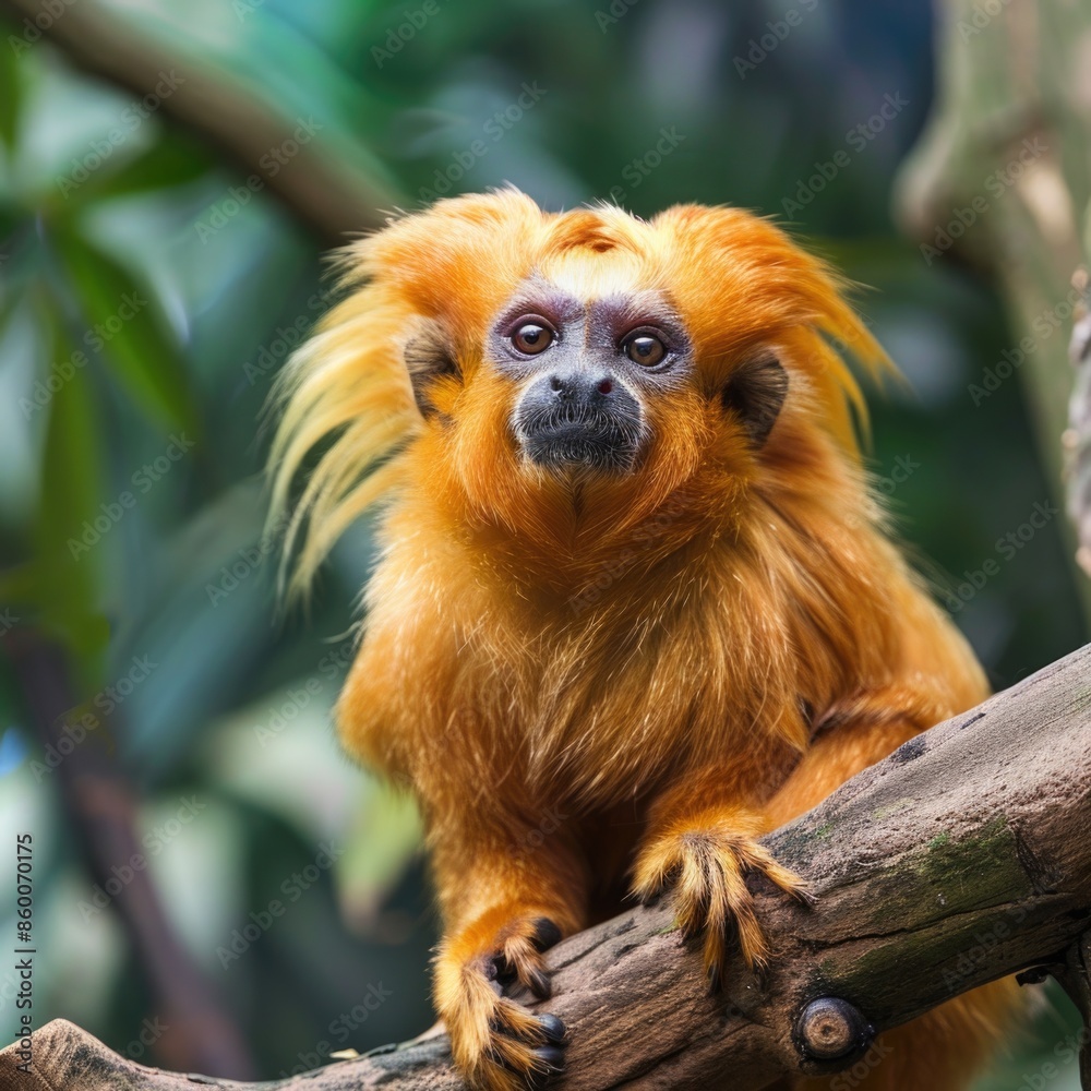 Poster a small monkey sitting on top of a tree branch, looking around