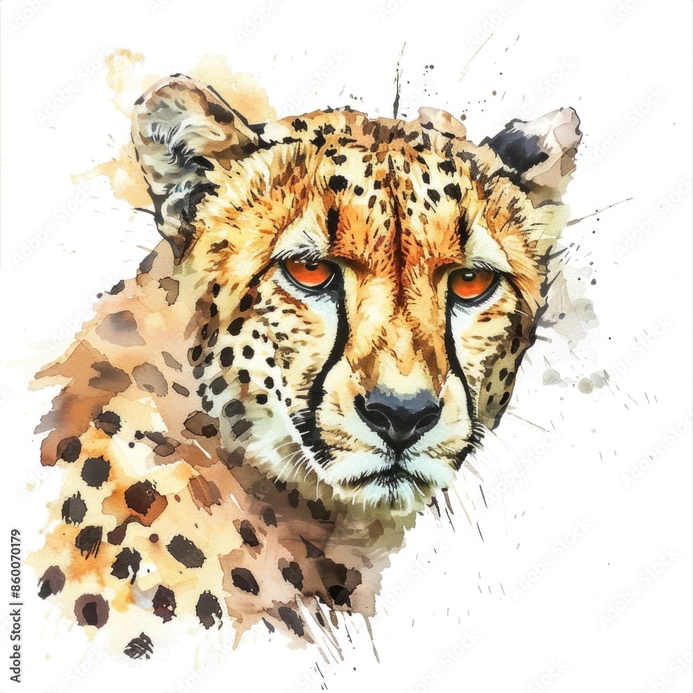 Poster A cheetah's face and body on a plain white surface, emphasizing its fur texture and pattern