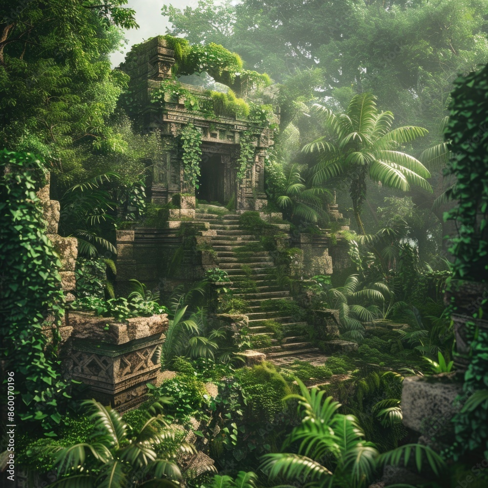 Poster A natural setting with a stone structure surrounded by dense greenery, ideal for use in environmental or architectural photography