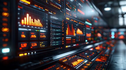 Fototapeta premium Realistic view of a trading terminal displaying real-time data updates and alerts, vibrant and detailed financial charts, modern design, high-resolution imagery, professional environment, natural ligh