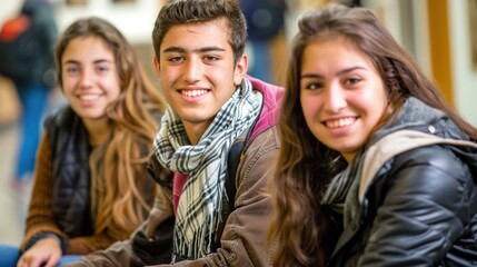 Obraz premium A group of smiling teenagers sitting together in a school hallway, enjoying each other's company and the vibrant school environment.
