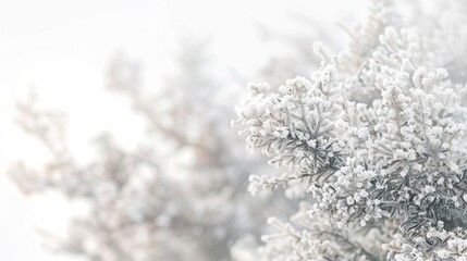 Naklejka premium Close-up of frost-covered branches, capturing the serene and delicate beauty of a snowy winter day with a blurred background.