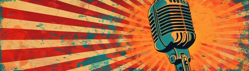 A colorful vintage microphone against a retro comic book style background microphone vintage retro colourful music sound audio broadcast pop art entertainment radio recording class