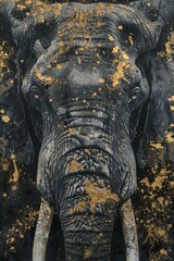 Majestic Elephant Portrait with Artistic Gold Splatter on Dark Background