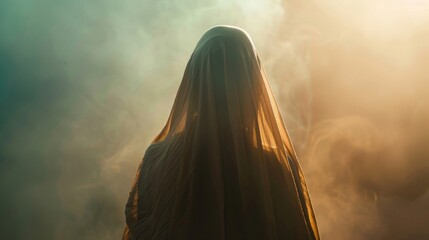 islam, muslim, arabic vibes, beautiful, a muslim woman standing in front of camera, right side of image, back turned to camera, tindal light effect.