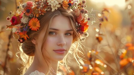 Elegant Bride Wears Floral Wreath at Stylish Wedding