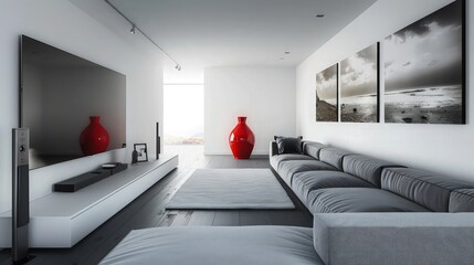 A minimalist Scandinavian living room with a monochromatic sofa and a marble-top coffee table, showcasing clean lines