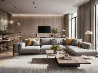 A 3D illustration of a modern living room interior, featuring contemporary furniture, stylish decor, and natural lighting. The scene is realistic and inviting, showcasing a blend of comfort and elegan