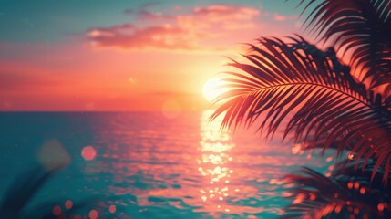 A stunning tropical sunset with vibrant colors, palm leaves in the foreground, and the ocean reflecting the evening sky.