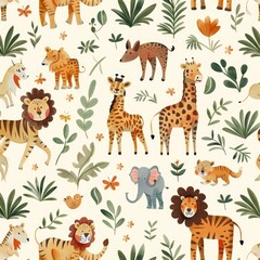 Naklejka premium safari wildlife pattern, simple kids design. ai generated