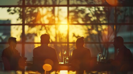 Silhouette of a group of people sitting and talking in a room illuminated by the warm glow of the sunset.