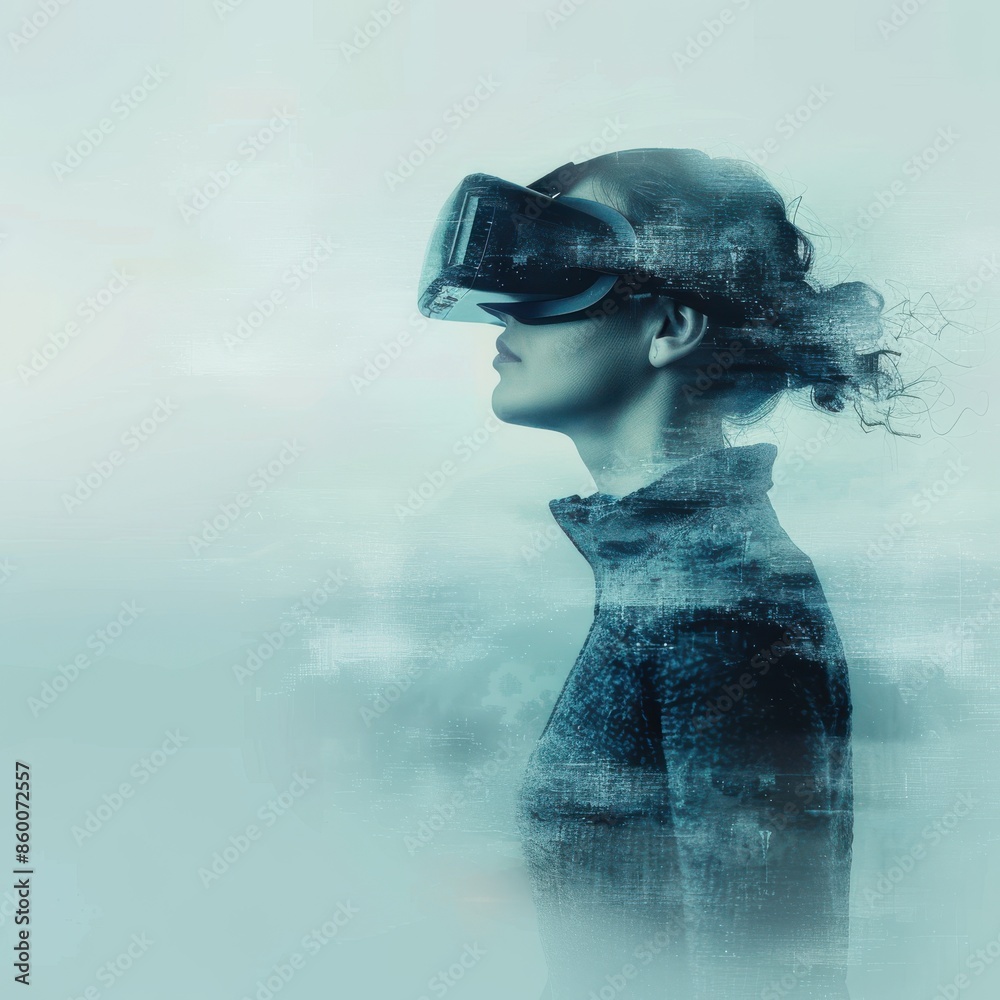 Aufkleber profile of a woman using a virtual reality headset, immersed in a digital and futuristic environment