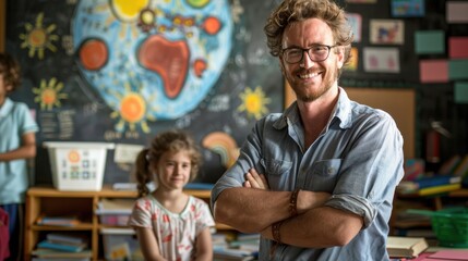 Obraz premium A cheerful teacher with glasses smiles confidently in a classroom, surrounded by students and educational materials.