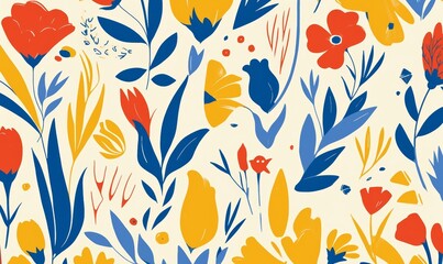 Fototapeta premium Abstract Floral Pattern With Blue, Yellow, and Red Flowers on a White Background
