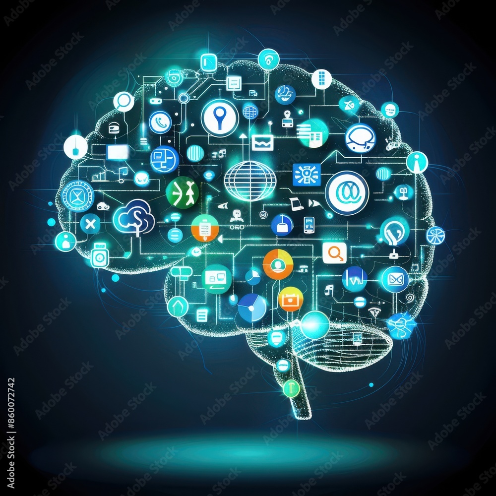 Poster a digital brain composed of interconnected technology icons, symbolizing artificial intelligence, ne