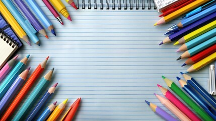 Obraz premium Colorful Pencil Cluster Adorning a Blue-Ruled Notepad