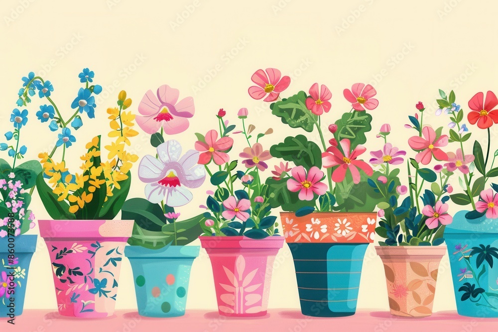 Poster A vibrant display of potted flowers in various colors and patterns, creating a cheerful and welcoming atmosphere. Generative AI