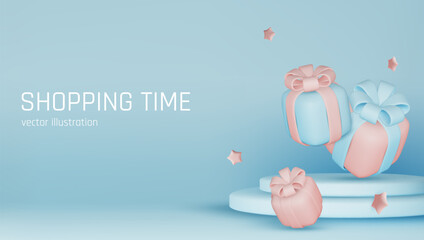 Banner for online shopping with 3d realistic gifts and gift bags for valentine's day, new year, and other holidays isolated on blue background. Vector illustration