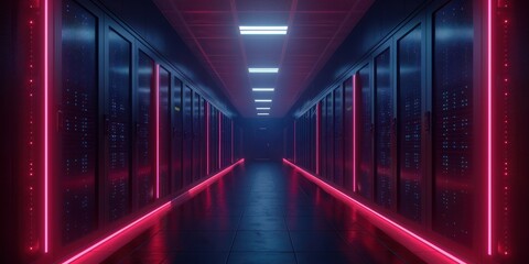 Fototapeta premium Modern Data Center With Multiple Rows of Fully Operational Server Racks. Modern Telecommunications, Artificial Intelligence, Supercomputer Technology Concept. with Dark Neon Blue, Pink and red lights.