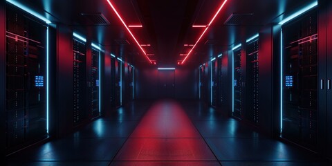 Modern Data Center With Multiple Rows of Fully Operational Server Racks. Modern Telecommunications, Artificial Intelligence, Supercomputer Technology Concept. with Dark Neon Blue, Pink and red lights.