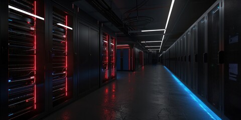 Modern Data Center With Multiple Rows of Fully Operational Server Racks. Modern Telecommunications, Artificial Intelligence, Supercomputer Technology Concept. with Dark Neon Blue, Pink and red lights.