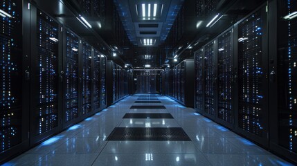 Modern Technology Center Server Racks, Concept of Internet of Things, Big Data Protection, Storage, Cryptocurrency Farm, Cloud Computing. Server racks in the server room data center