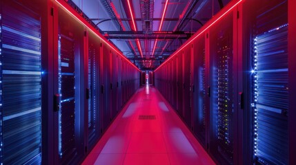 Modern Data Center With Multiple Rows of Fully Operational Server Racks. Modern Telecommunications, Artificial Intelligence, Supercomputer Technology Concept. with Dark Neon Blue, Pink and red lights.