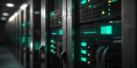 Modern Technology Center Server Racks, Concept of Internet of Things, Big Data Protection, Storage, Cryptocurrency Farm, Cloud Computing. Server racks in the server room data center