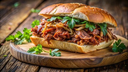Juicy pulled pork overflowing from crispy ciabatta bread, garnished with fresh parsley leaves and served on a rustic wooden board.